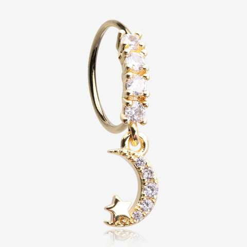 Golden Crescent Moon and Star Sparkle Dangle Multi-Gem Lined Bendable Hoop Ring-Clear Gem