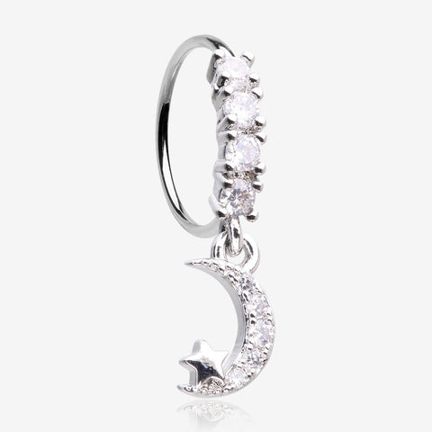 Crescent Moon and Star Sparkle Dangle Multi-Gem Lined Bendable Hoop Ring-Clear Gem