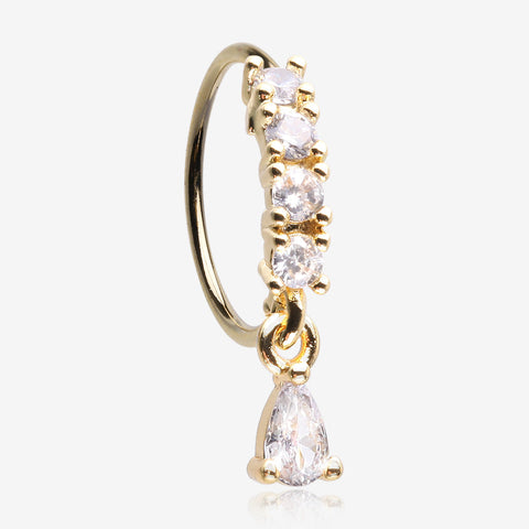 Golden Brilliant Teardrop Prong Gem Sparkle Multi-Gem Lined Bendable Hoop Ring-Clear Gem