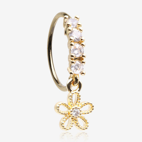 Golden Adorable Hollow Flower Sparkle Dangle Multi-Gem Lined Bendable Hoop Ring-Clear Gem