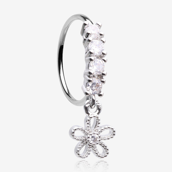 Adorable Hollow Flower Sparkle Dangle Multi-Gem Lined Bendable Hoop Ring-Clear Gem