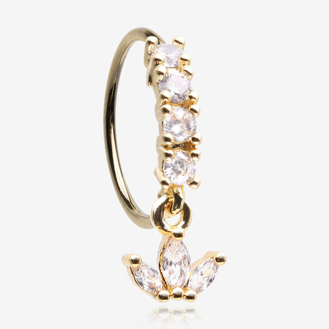 Golden Trefoil Marquise Floral Sparkle Dangle Multi-Gem Lined Bendable Hoop Ring-Clear Gem