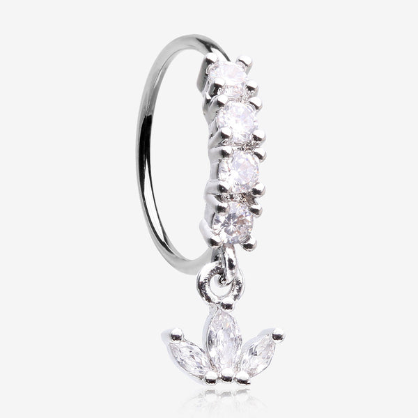 Trefoil Marquise Floral Sparkle Dangle Multi-Gem Lined Bendable Hoop Ring-Clear Gem