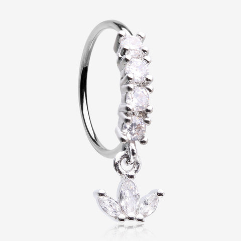 Trefoil Marquise Floral Sparkle Dangle Multi-Gem Lined Bendable Hoop Ring-Clear Gem