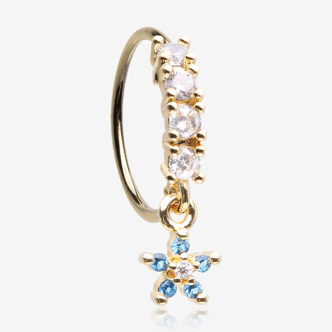 Golden Magnificent Flower Sparkle Dangle Multi-Gem Lined Bendable Hoop Ring-Blue/Clear Gem