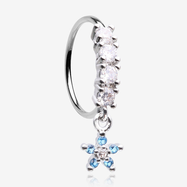 Magnificent Flower Sparkle Dangle Multi-Gem Lined Bendable Hoop Ring-Blue/Clear Gem