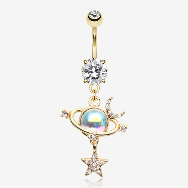 Golden Aurora Celestial Sparkle Sun and Moon Orbit Belly Button Ring-Clear Gem