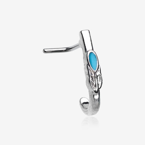 Vintage Aqua Feather L-Shaped Nose Hoop Ring-Blue