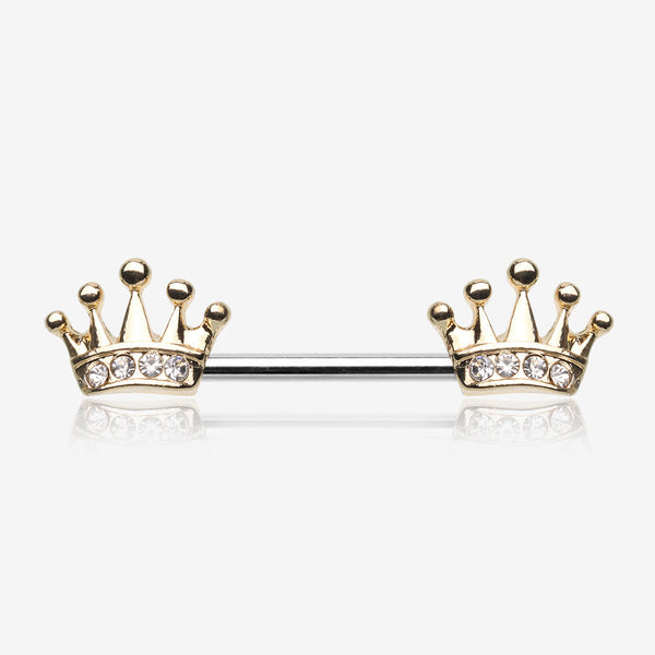 A Pair of Golden Princess Crown Nipple Barbell-Clear Gem