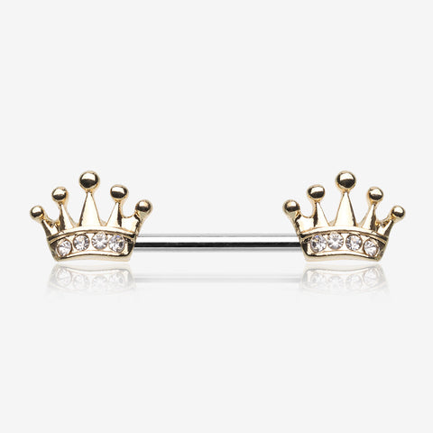 A Pair of Golden Princess Crown Nipple Barbell-Clear Gem