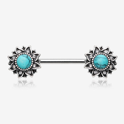 A Pair of Mystique Flower Turquoise Vintage Nipple Barbell-Blue/Aqua