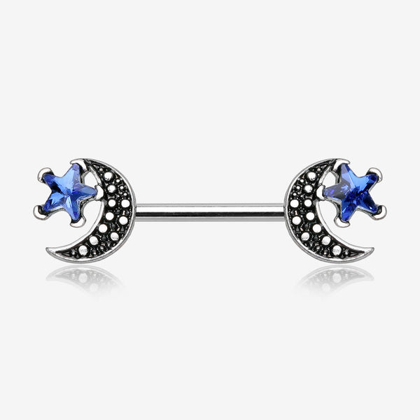 A Pair of Vintage Crescent Moon Sparkle Stars Nipple Barbell-Blue