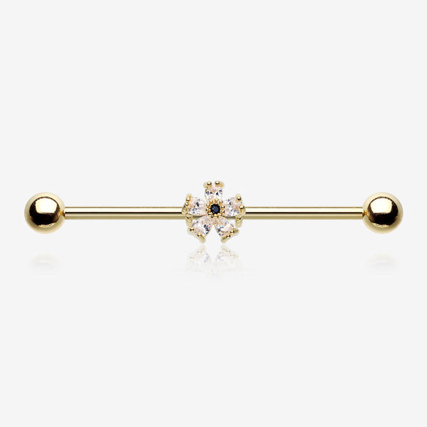 Golden Dainty Flower Sparkle Dazzle Industrial Barbell-Clear Gem