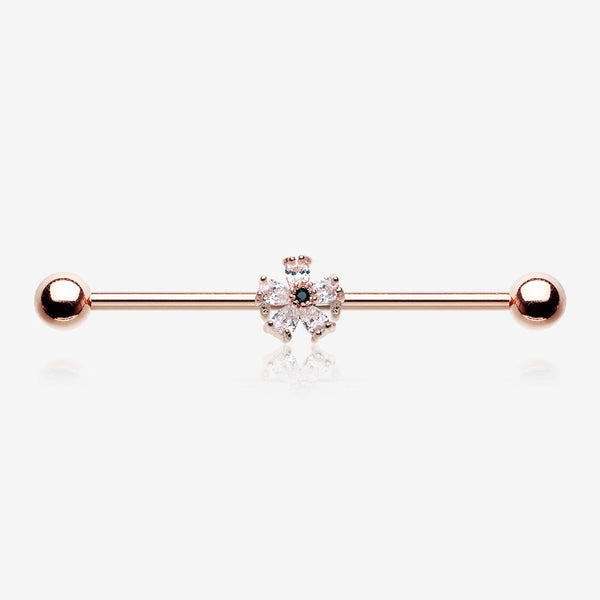 Rose Gold Dainty Flower Sparkle Dazzle Industrial Barbell-Clear Gem