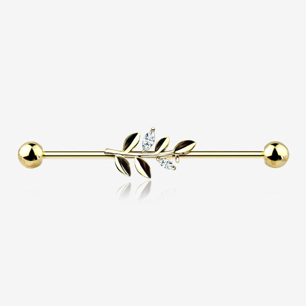 Golden Dainty Sparkle Leaflet Industrial Barbell-Clear Gem