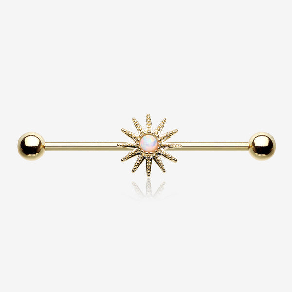 Golden Fire Opal Sunburst Sparkle Industrial Barbell-White Opal