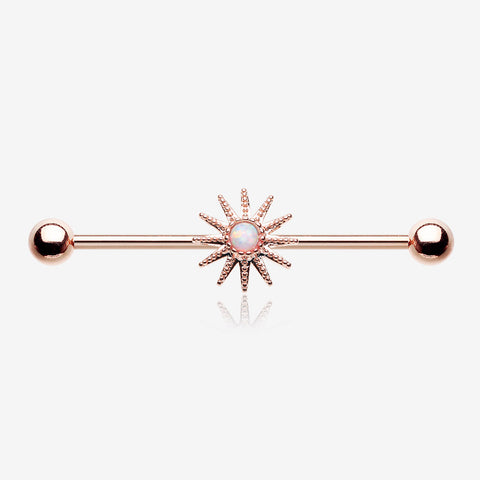 Rose Gold Fire Opal Sunburst Sparkle Industrial Barbell-White Opal