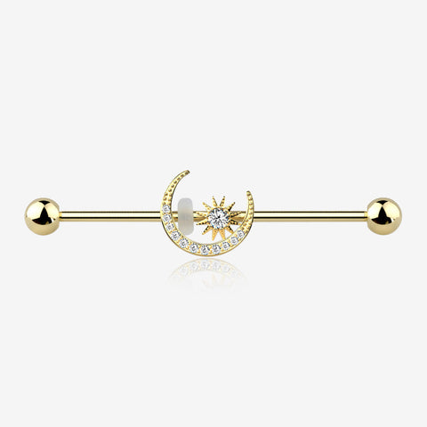 Golden Sparkle Moon and Starburst Industrial Barbell-Clear Gem