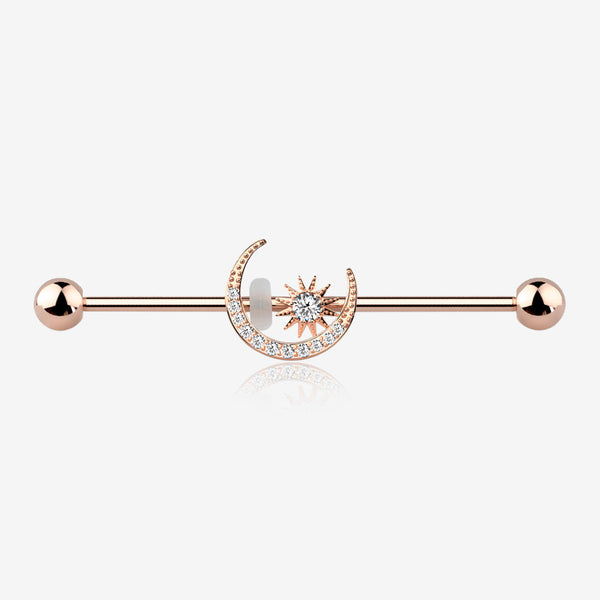 Rose Gold Sparkle Moon and Starburst Industrial Barbell-Clear Gem