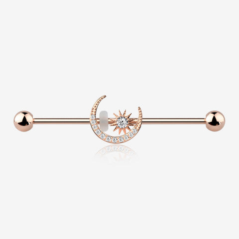 Rose Gold Sparkle Moon and Starburst Industrial Barbell-Clear Gem