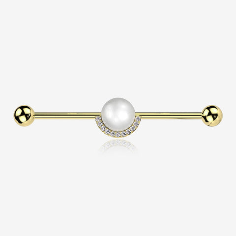 Golden Pearlescent Sparkle Crescent Rim Industrial Barbell-Clear Gem