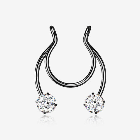 Blackline Sparkle Gem Clip On Non-Piercing Fake Horseshoe Hoop Ring-Clear Gem