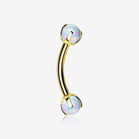 Golden Fire Opal Claw Prong Set Sparkle Internally Threaded Curved Barbell-White Opal