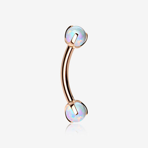 Rose Gold Fire Opal Claw Prong Set Sparkle Internally Threaded Curved Barbell-White Opal