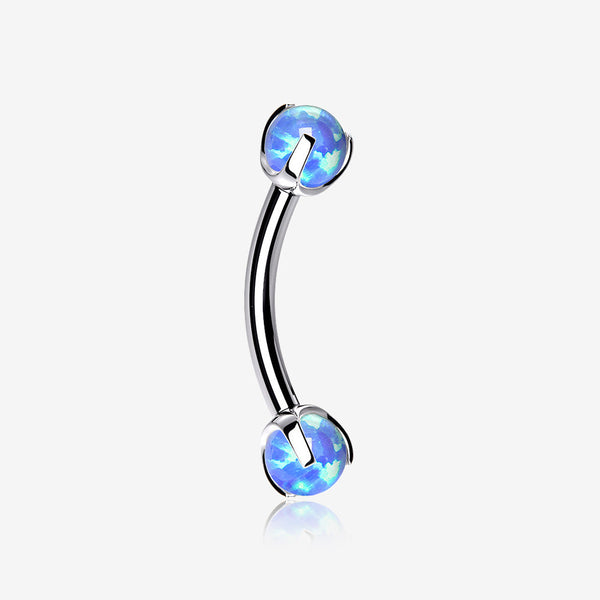 Fire Opal Claw Prong Set Sparkle Internally Threaded Curved Barbell-Blue Opal