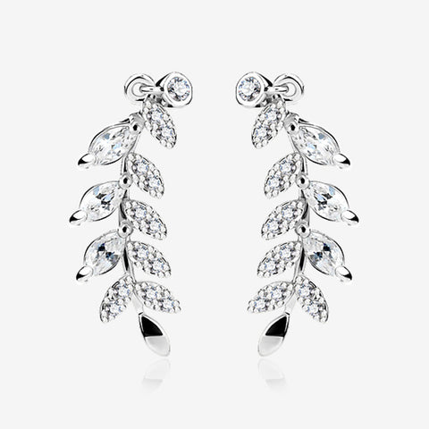 A Pair of Leaf Vine Sparkle Journey Ear Climber Earring-Clear Gem