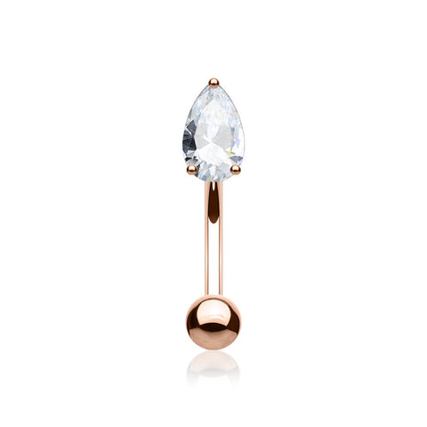 Rose Gold Teardrop Gem Sparkle Prong Set Curved Barbell-Clear Gem