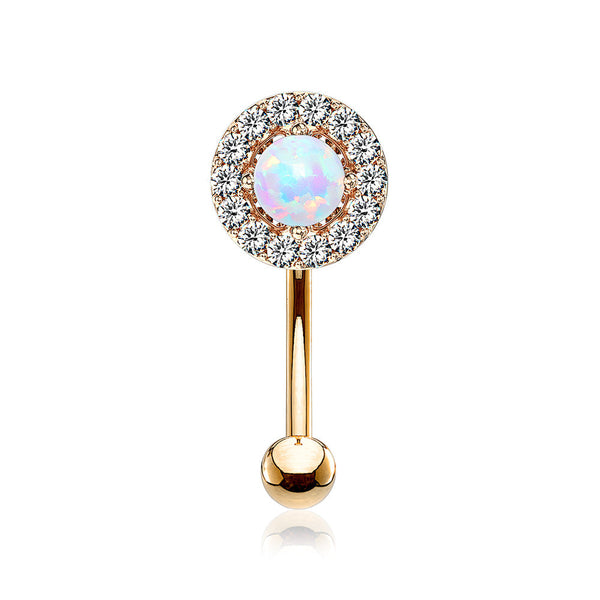 Rose Gold Brilliant Sparkle Gems Fire Opal Prong Set Curved Barbell-White Opal