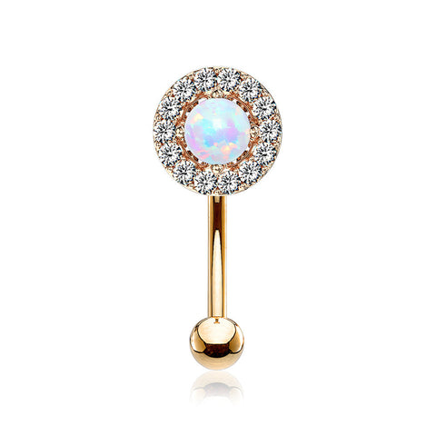 Rose Gold Brilliant Sparkle Gems Fire Opal Prong Set Curved Barbell-White Opal