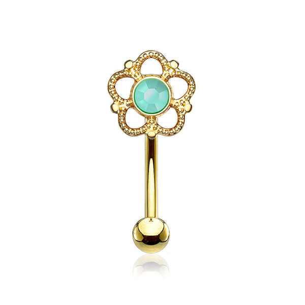 Golden Bali Turquoise Filigree Flower Curved Barbell