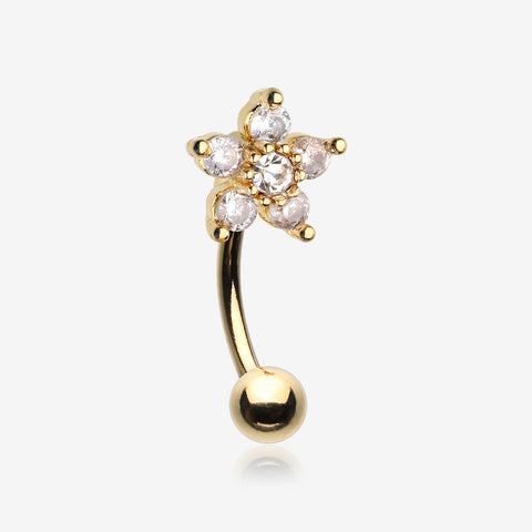 Golden Glistening Flower Sparkle Curved Barbell-Clear Gem