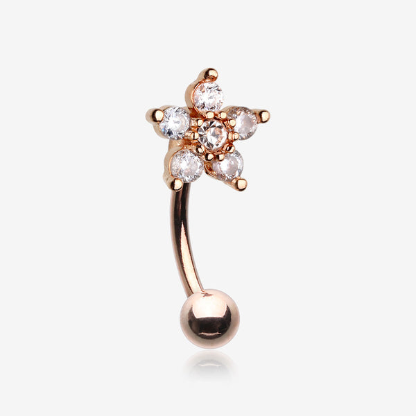 Rose Gold Glistening Flower Sparkle Curved Barbell-Clear Gem