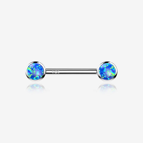 A Pair of 14 Karat White Gold OneFit Threadless Round Fire Opal Bezel Set Nipple Barbell-Blue Opal