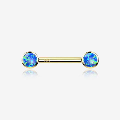 A Pair of 14 Karat Gold OneFit Threadless Round Fire Opal Bezel Set Nipple Barbell-Blue Opal