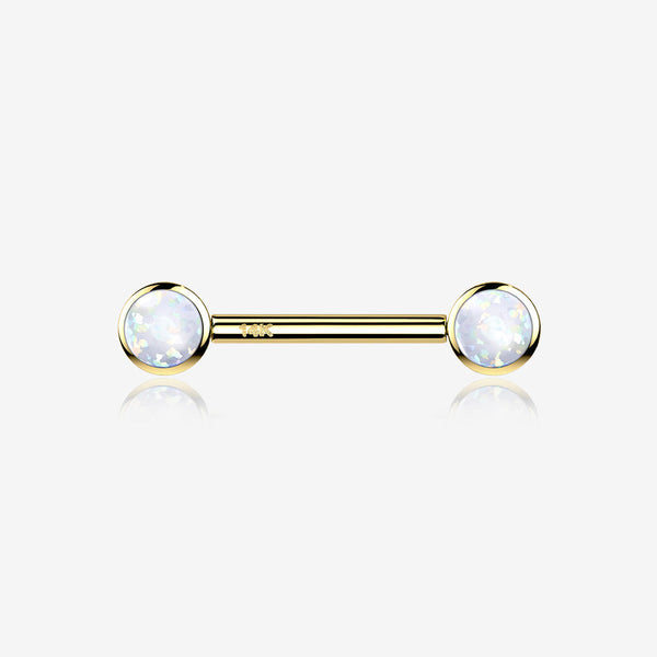 A Pair of 14 Karat Gold OneFit Threadless Round Fire Opal Bezel Set Nipple Barbell-White Opal