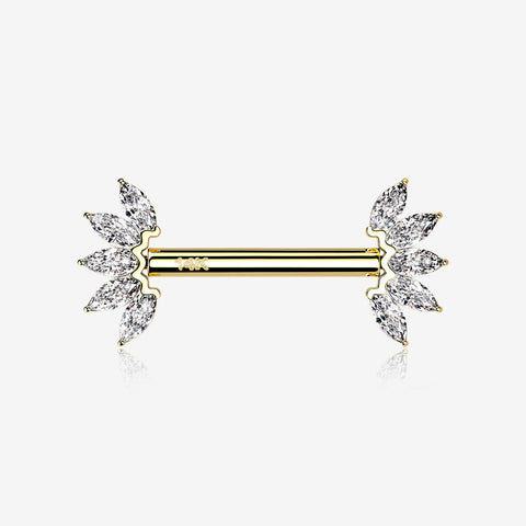 A Pair of 14 Karat Gold OneFit Threadless Marquise Sparkle Floral Nipple Barbell-Clear Gem