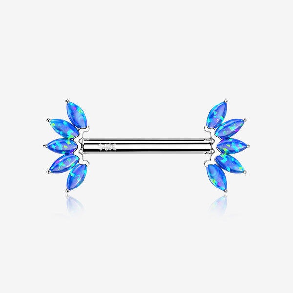 A Pair of 14 Karat White Gold OneFit Threadless Marquise Fire Opal Floral Nipple Barbell-Blue Opal