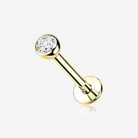 14 Karat Gold OneFit Threadless Bezel Set Gem Top Flat Back Stud Labret-Clear Gem