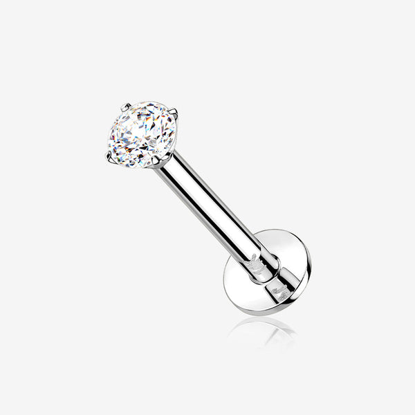 14 Karat White Gold OneFit Threadless Prong Set Gem Top Flat Back Stud Labret-Clear Gem