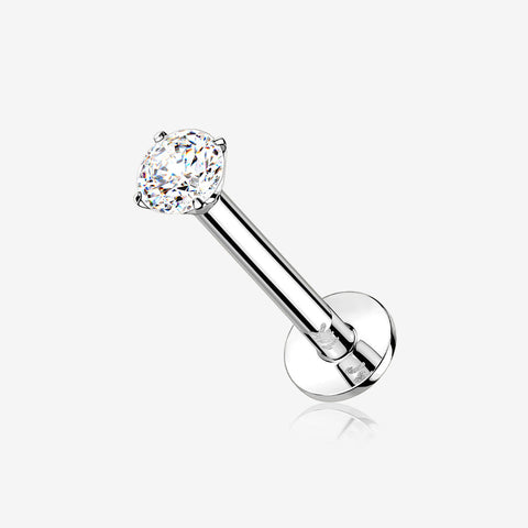 14 Karat White Gold OneFit Threadless Prong Set Gem Top Flat Back Stud Labret-Clear Gem