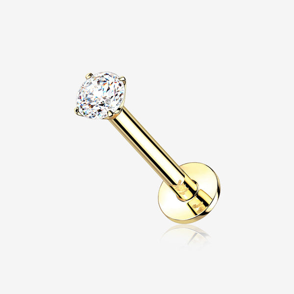 14 Karat Gold OneFit Threadless Prong Set Gem Top Flat Back Stud Labret-Clear Gem