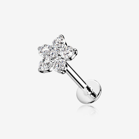 14 Karat White Gold OneFit Threadless Brilliant Sparkle Flower Flat Back Stud Labret-Clear Gem