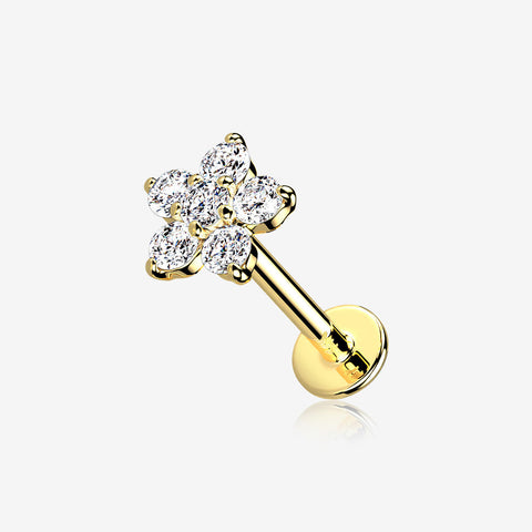 14 Karat Gold OneFit Threadless Brilliant Sparkle Flower Flat Back Stud Labret-Clear Gem