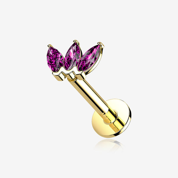 14 Karat Gold OneFit Threadless Triple Marquise Sparkle Flower Flat Back Stud Labret-Red