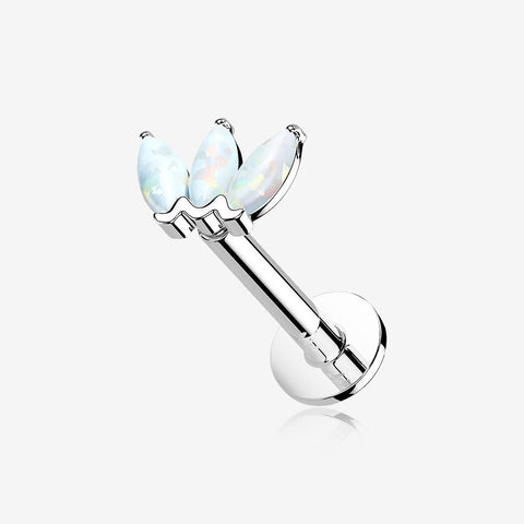 14 Karat White Gold OneFit Threadless Triple Marquise Fire Opal Flower Flat Back Stud Labret-White Opal