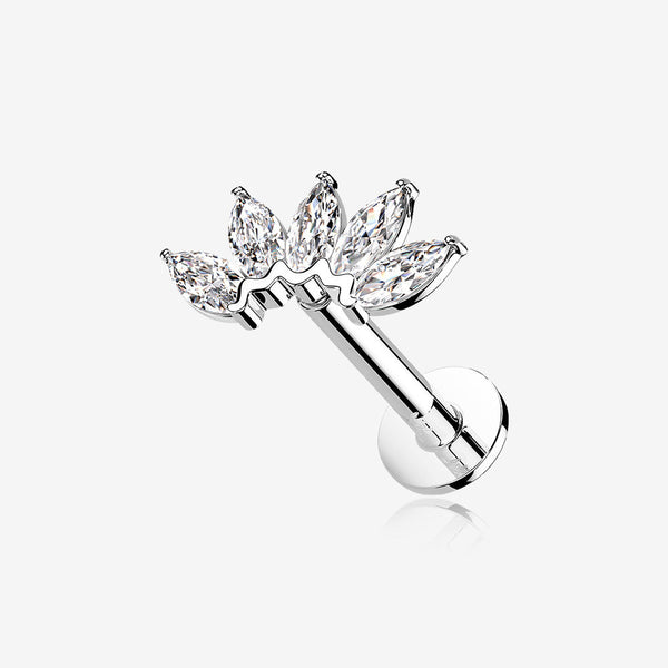 14 Karat White Gold OneFit Threadless Brilliant Marquise Sparkle Flower Flat Back Stud Labret-Clear Gem